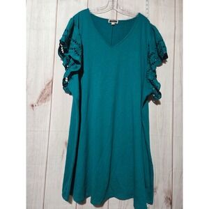 MAUBY Teal Blue V Neck Ruffle Eyelet Sleeve Dress Plus Size 2X